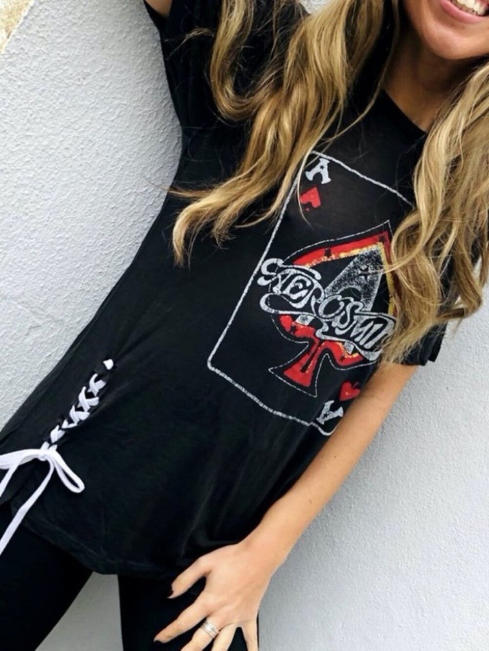 Daydreamer Free People Band Black Aerosmith Lace Up Tee Shirt Top